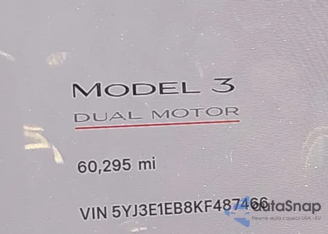 2019 Tesla Model 3 Long Range/Performance z USA, uszkodzony, nr VIN 5YJ3E1EB8KF487466